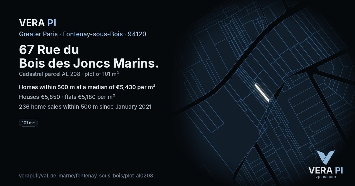67 Rue du Bois des Joncs Marins, Fontenay-sous-Bois at night – the plot lit, the parcels around coloured by the prices near them