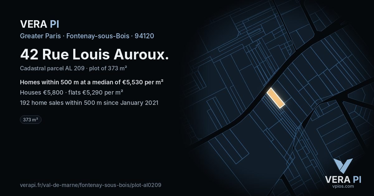 42 Rue Louis Auroux, Fontenay-sous-Bois at night – the plot lit, the parcels around coloured by the prices near them