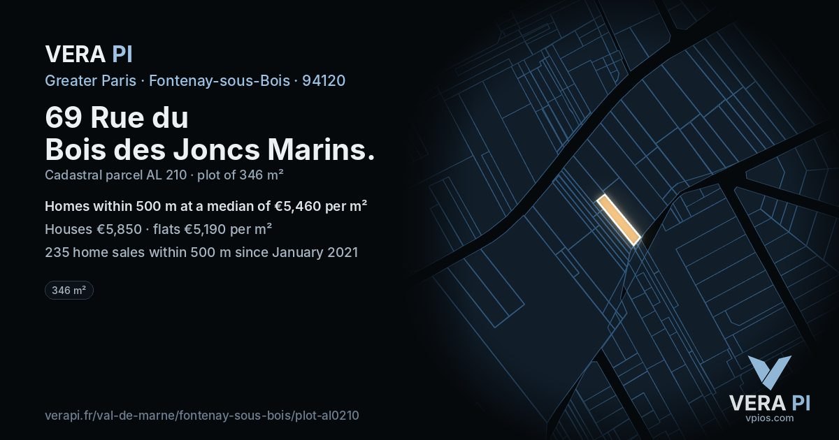 69 Rue du Bois des Joncs Marins, Fontenay-sous-Bois at night – the plot lit, the parcels around coloured by the prices near them