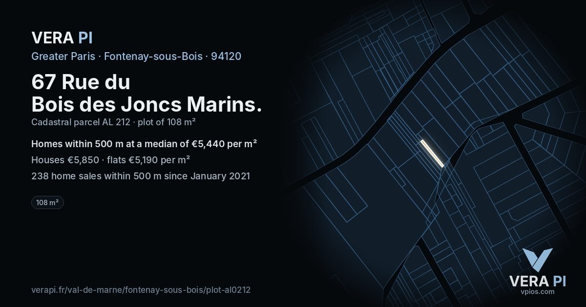 67 Rue du Bois des Joncs Marins, Fontenay-sous-Bois at night – the plot lit, the parcels around coloured by the prices near them
