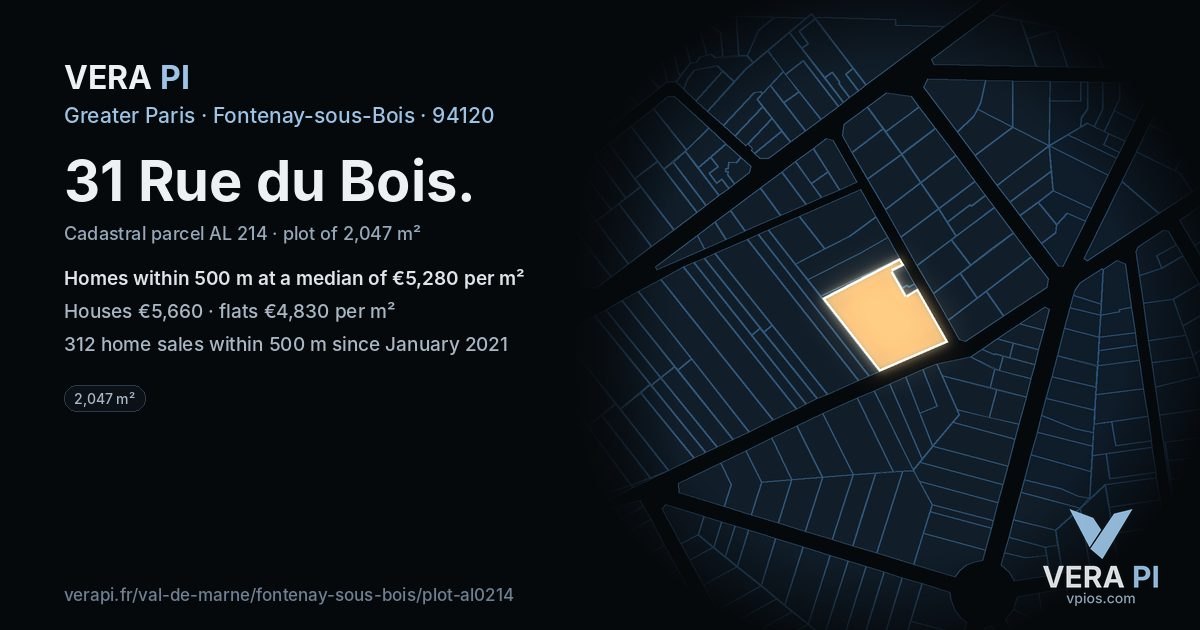 31 Rue du Bois, Fontenay-sous-Bois at night – the plot lit, the parcels around coloured by the prices near them
