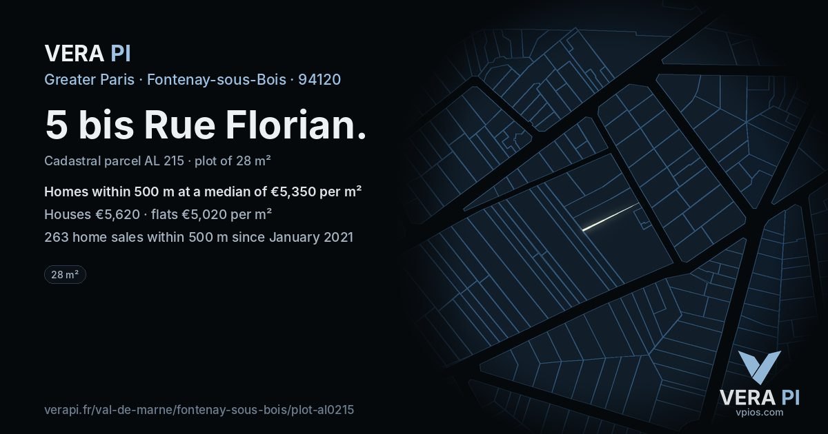 5 bis Rue Florian, Fontenay-sous-Bois at night – the plot lit, the parcels around coloured by the prices near them
