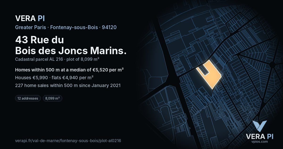 43 Rue du Bois des Joncs Marins, Fontenay-sous-Bois at night – the plot lit, the parcels around coloured by the prices near them