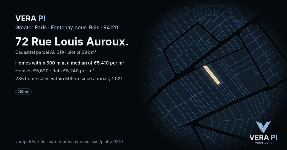 72 Rue Louis Auroux, Fontenay-sous-Bois at night – the plot lit, the parcels around coloured by the prices near them