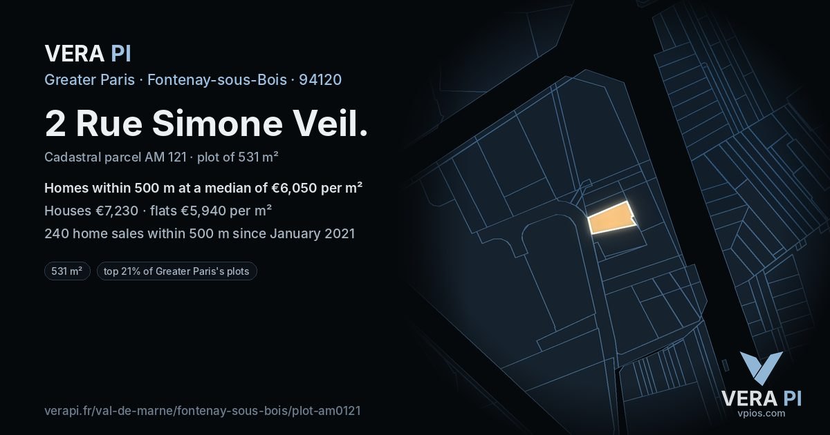 2 Rue Simone Veil, Fontenay-sous-Bois at night – the plot lit, the parcels around coloured by the prices near them