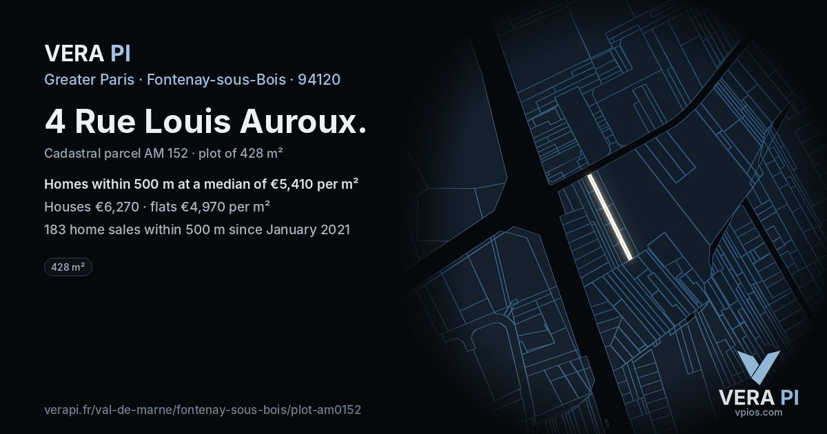 4 Rue Louis Auroux, Fontenay-sous-Bois at night – the plot lit, the parcels around coloured by the prices near them