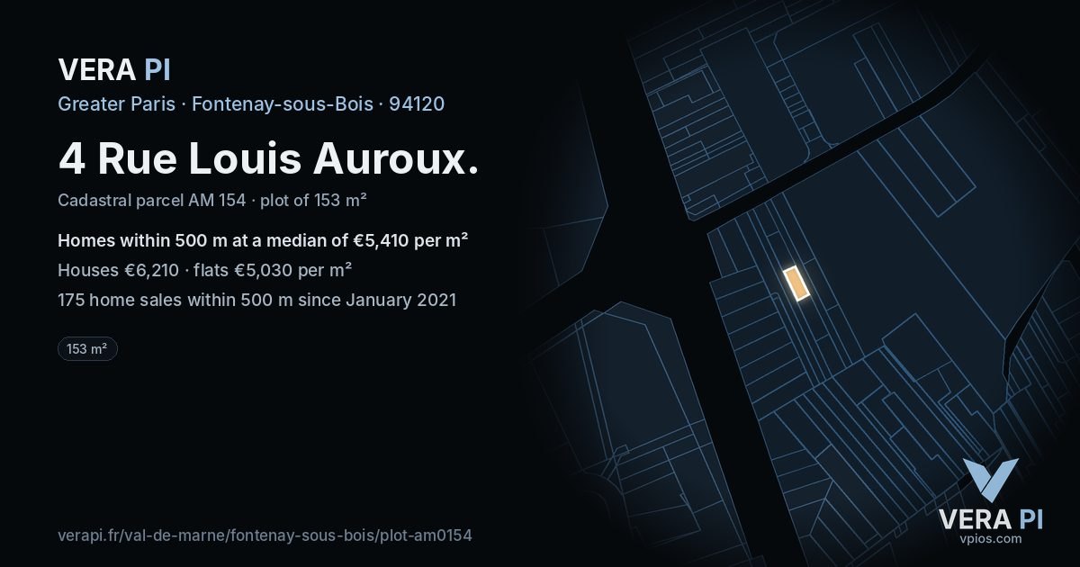 4 Rue Louis Auroux, Fontenay-sous-Bois at night – the plot lit, the parcels around coloured by the prices near them