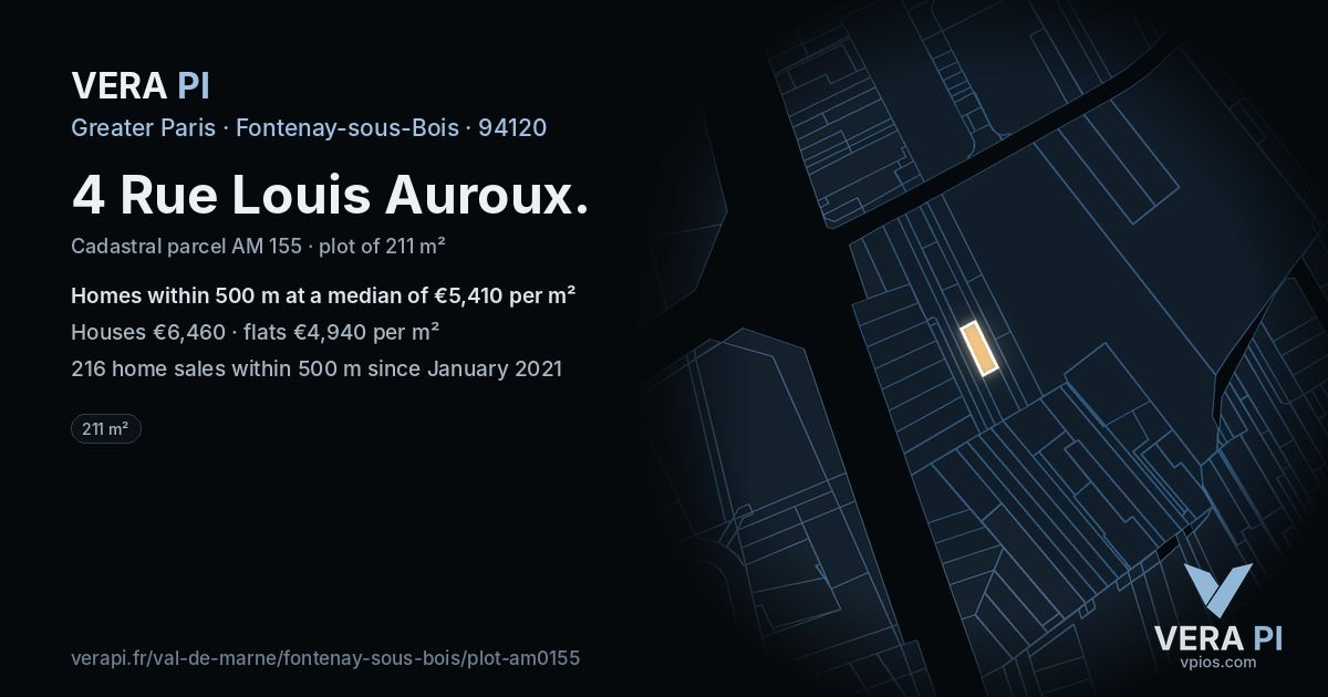 4 Rue Louis Auroux, Fontenay-sous-Bois at night – the plot lit, the parcels around coloured by the prices near them
