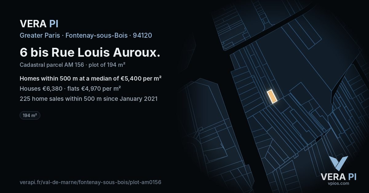 6 bis Rue Louis Auroux, Fontenay-sous-Bois at night – the plot lit, the parcels around coloured by the prices near them