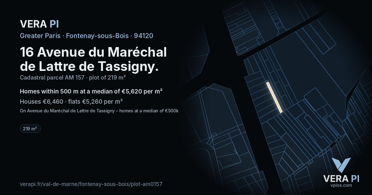 16 Avenue du Maréchal de Lattre de Tassigny, Fontenay-sous-Bois at night – the plot lit, the parcels around coloured by the prices near them