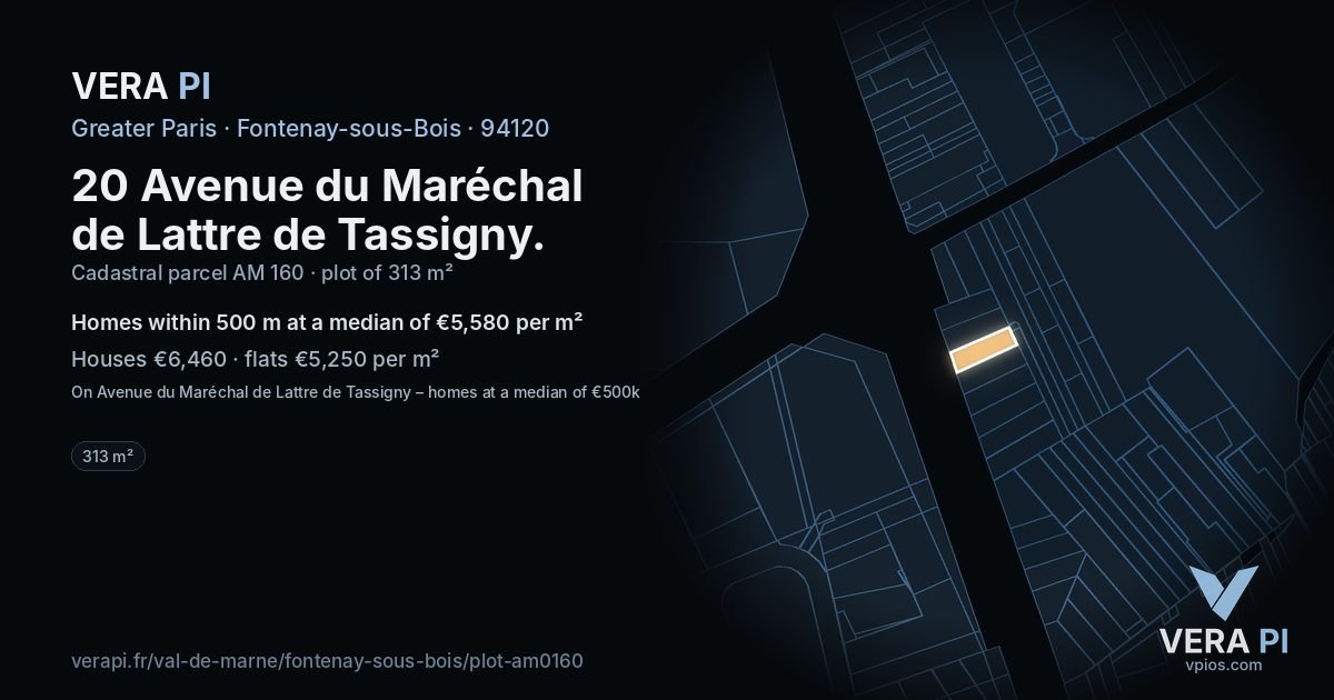 20 Avenue du Maréchal de Lattre de Tassigny, Fontenay-sous-Bois at night – the plot lit, the parcels around coloured by the prices near them