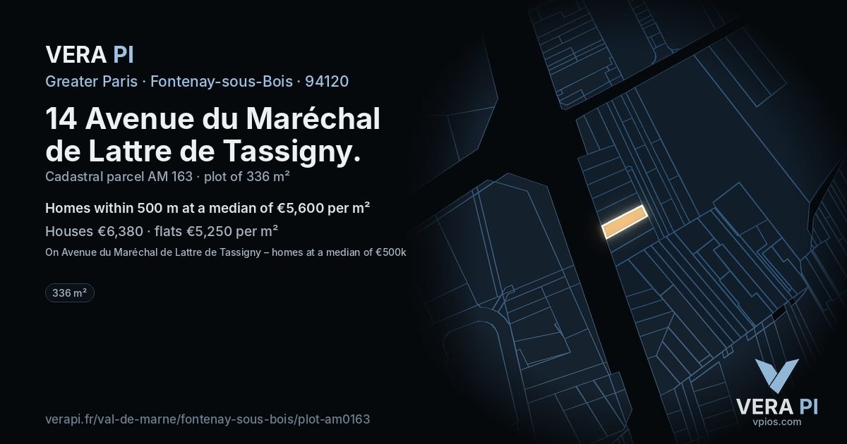 14 Avenue du Maréchal de Lattre de Tassigny, Fontenay-sous-Bois at night – the plot lit, the parcels around coloured by the prices near them