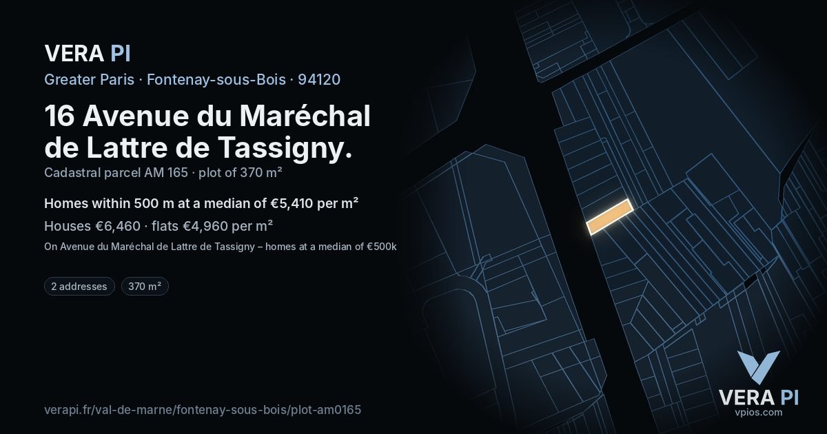 16 Avenue du Maréchal de Lattre de Tassigny, Fontenay-sous-Bois at night – the plot lit, the parcels around coloured by the prices near them