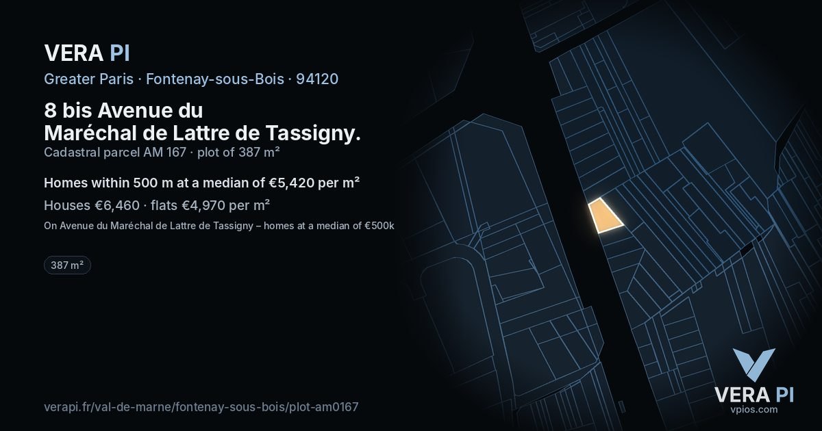 8 bis Avenue du Maréchal de Lattre de Tassigny, Fontenay-sous-Bois at night – the plot lit, the parcels around coloured by the prices near them