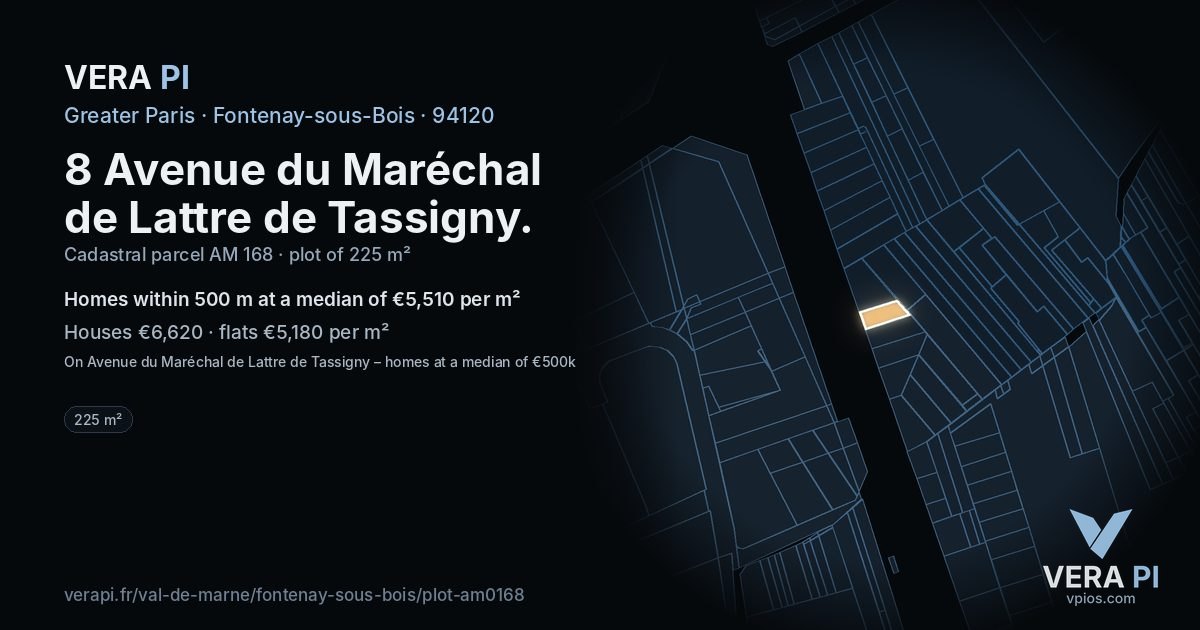 8 Avenue du Maréchal de Lattre de Tassigny, Fontenay-sous-Bois at night – the plot lit, the parcels around coloured by the prices near them