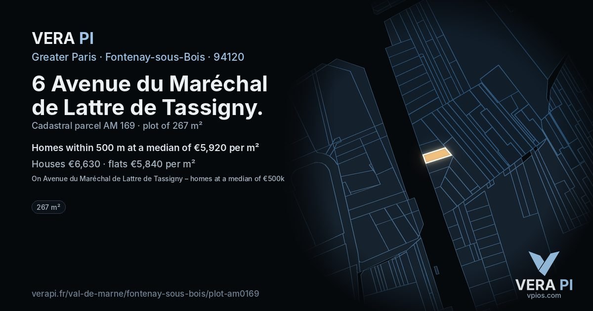 6 Avenue du Maréchal de Lattre de Tassigny, Fontenay-sous-Bois at night – the plot lit, the parcels around coloured by the prices near them