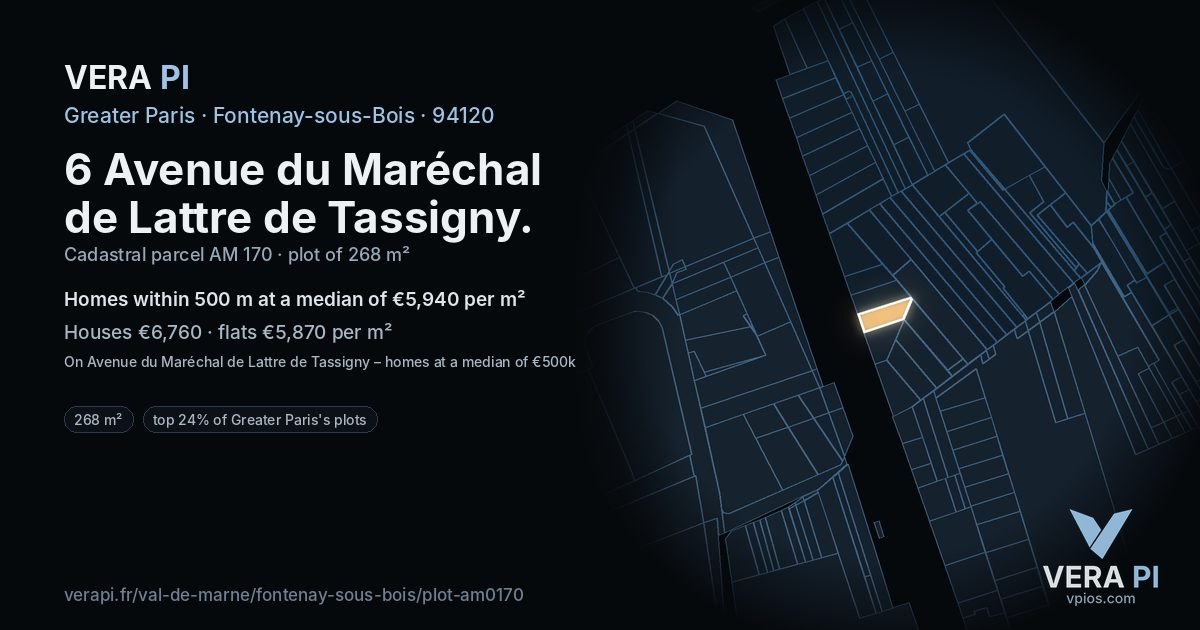 6 Avenue du Maréchal de Lattre de Tassigny, Fontenay-sous-Bois at night – the plot lit, the parcels around coloured by the prices near them