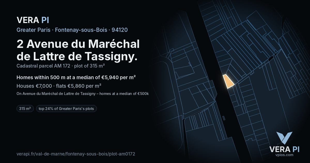 2 Avenue du Maréchal de Lattre de Tassigny, Fontenay-sous-Bois at night – the plot lit, the parcels around coloured by the prices near them