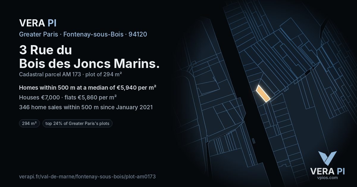 3 Rue du Bois des Joncs Marins, Fontenay-sous-Bois at night – the plot lit, the parcels around coloured by the prices near them