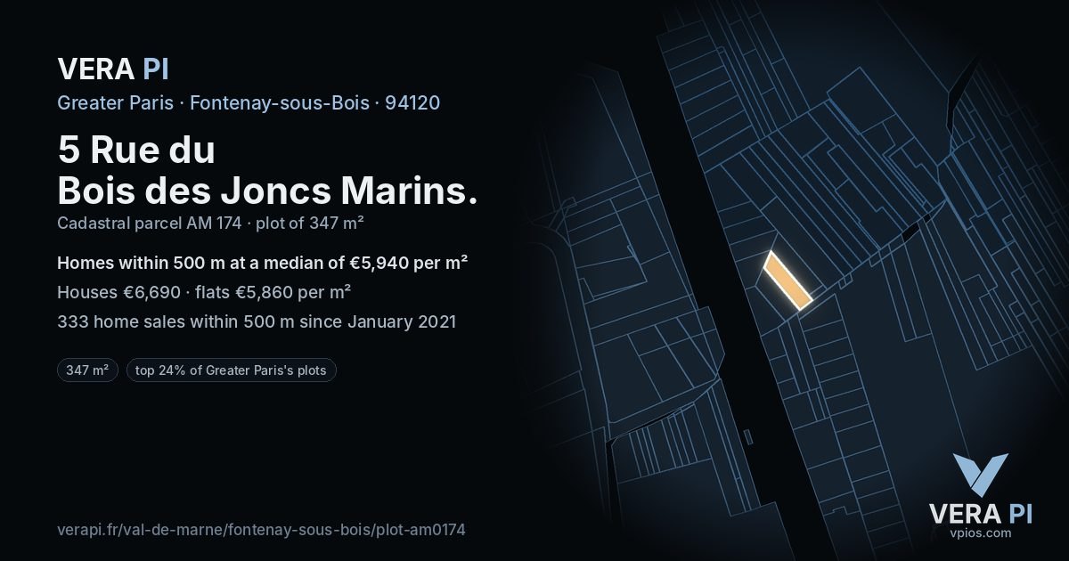 5 Rue du Bois des Joncs Marins, Fontenay-sous-Bois at night – the plot lit, the parcels around coloured by the prices near them