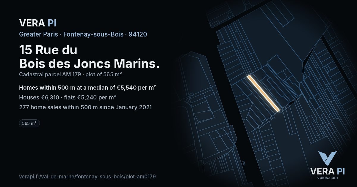 15 Rue du Bois des Joncs Marins, Fontenay-sous-Bois at night – the plot lit, the parcels around coloured by the prices near them
