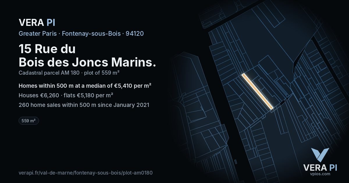 15 Rue du Bois des Joncs Marins, Fontenay-sous-Bois at night – the plot lit, the parcels around coloured by the prices near them
