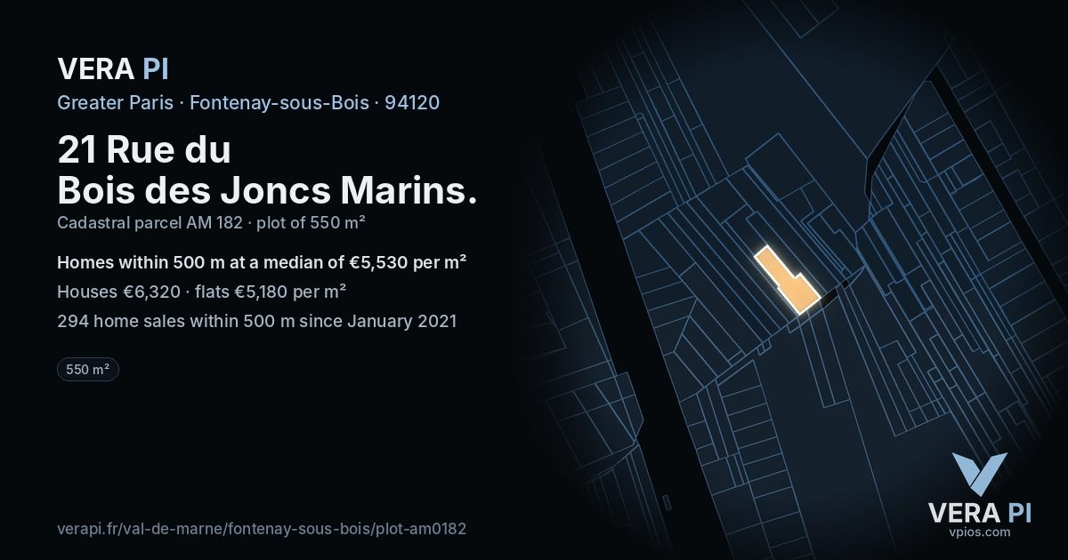 21 Rue du Bois des Joncs Marins, Fontenay-sous-Bois at night – the plot lit, the parcels around coloured by the prices near them