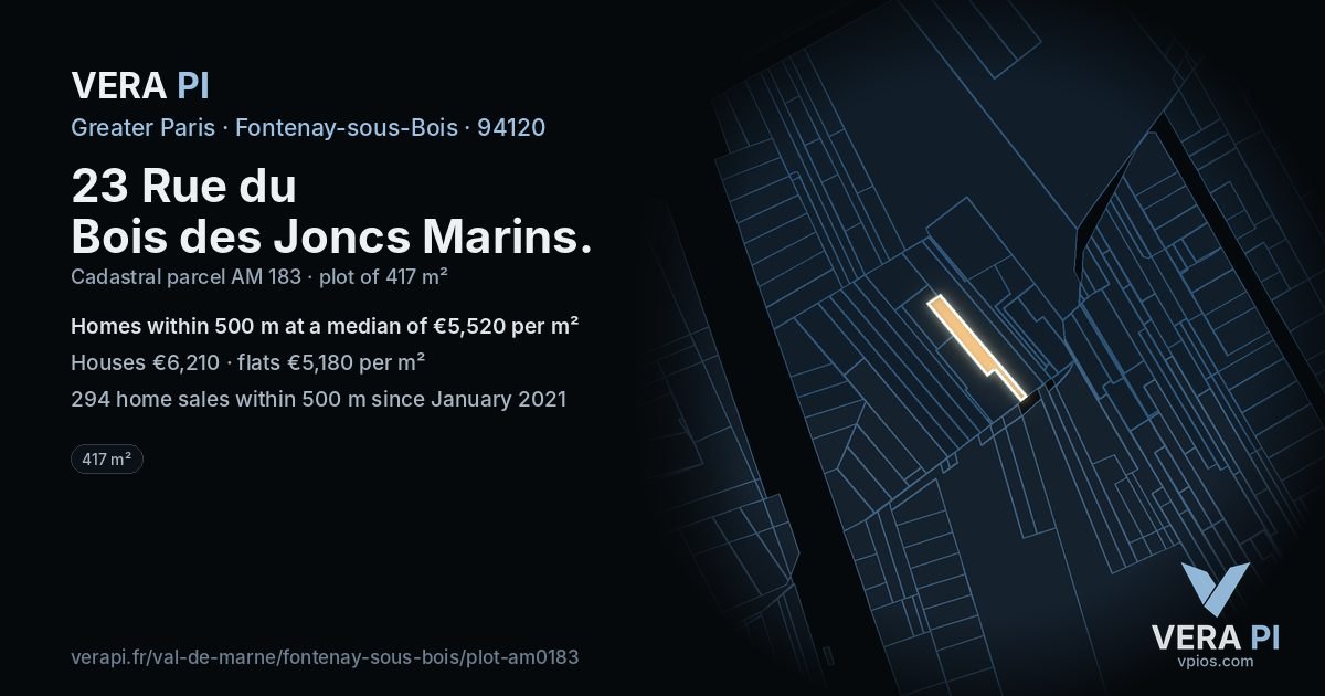 23 Rue du Bois des Joncs Marins, Fontenay-sous-Bois at night – the plot lit, the parcels around coloured by the prices near them