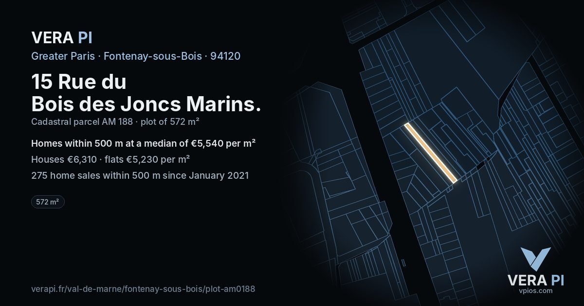 15 Rue du Bois des Joncs Marins, Fontenay-sous-Bois at night – the plot lit, the parcels around coloured by the prices near them