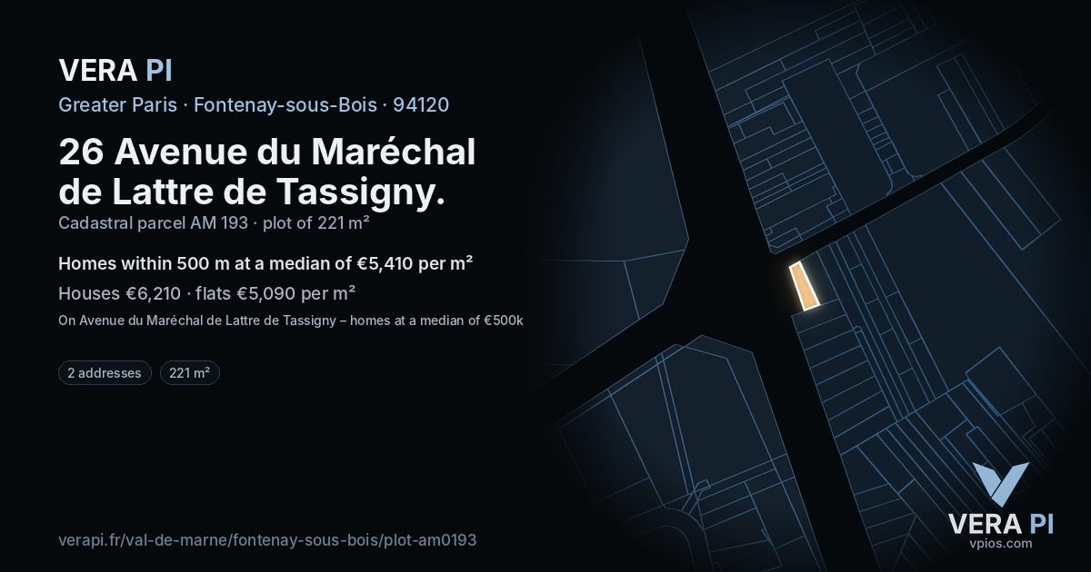 26 Avenue du Maréchal de Lattre de Tassigny, Fontenay-sous-Bois at night – the plot lit, the parcels around coloured by the prices near them