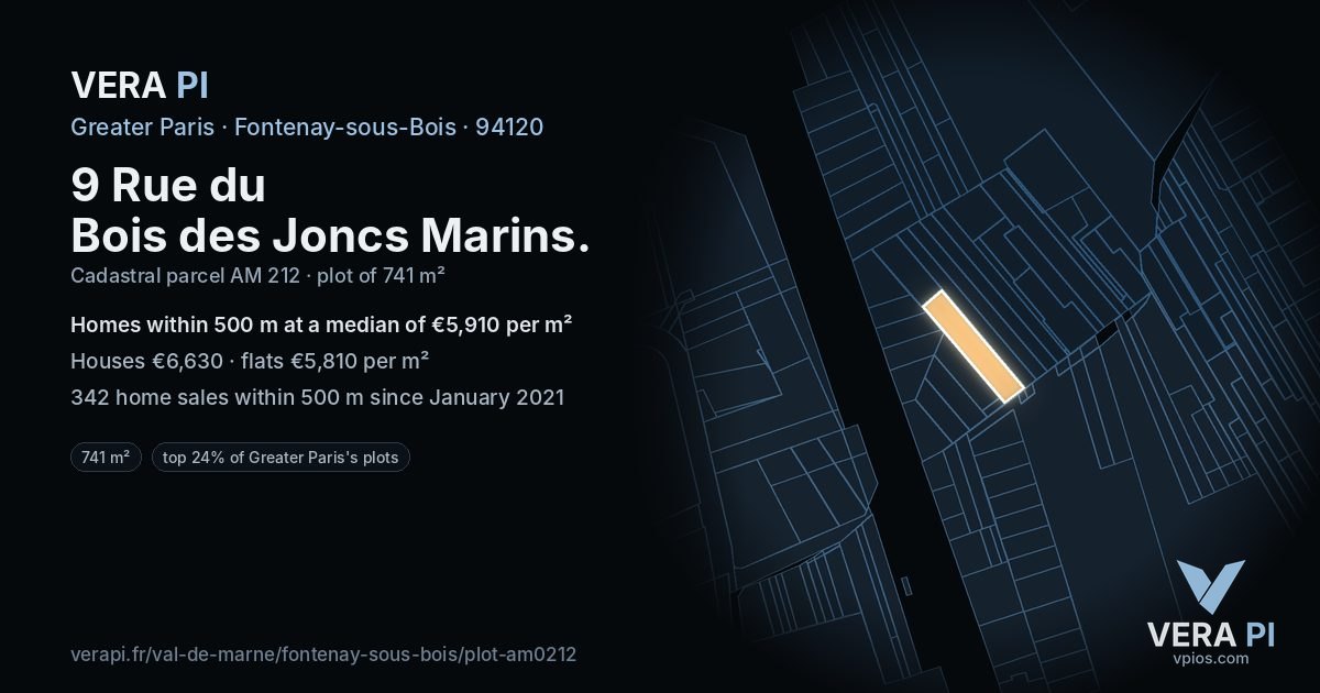 9 Rue du Bois des Joncs Marins, Fontenay-sous-Bois at night – the plot lit, the parcels around coloured by the prices near them