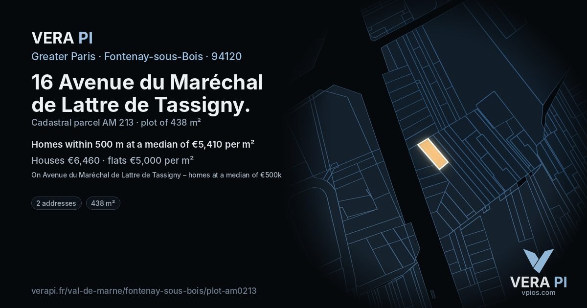16 Avenue du Maréchal de Lattre de Tassigny, Fontenay-sous-Bois at night – the plot lit, the parcels around coloured by the prices near them