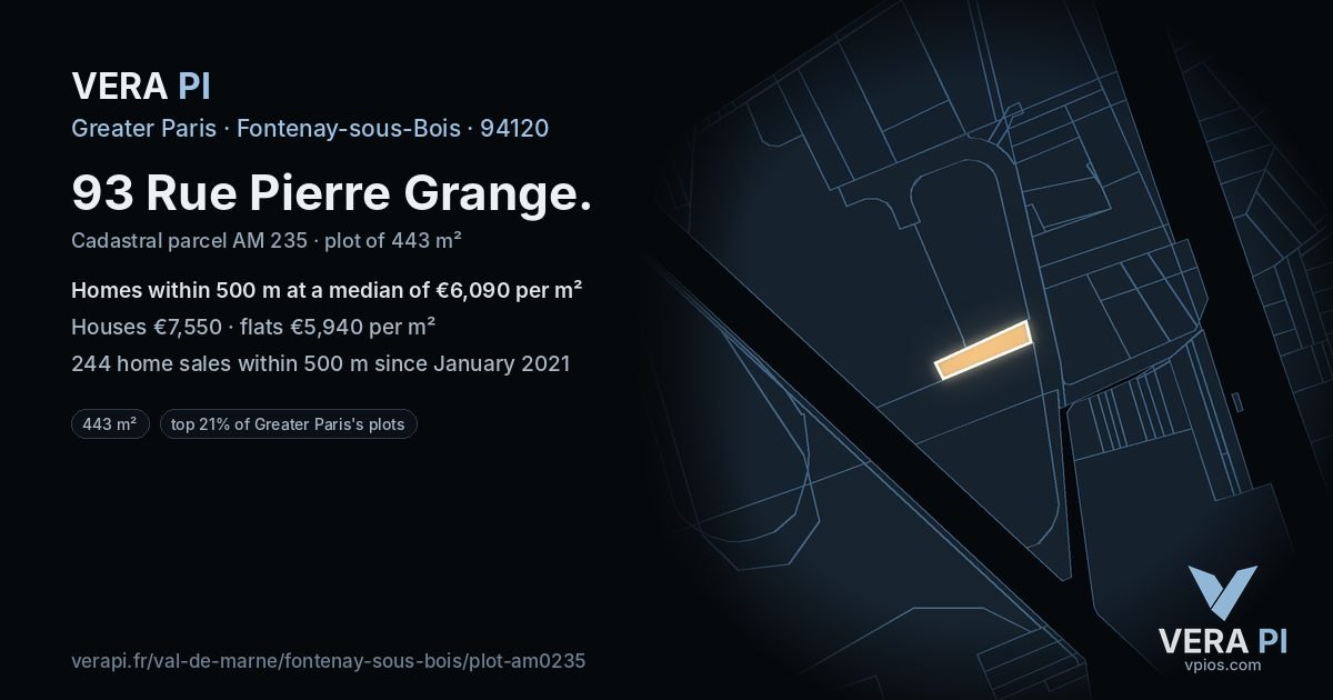 93 Rue Pierre Grange, Fontenay-sous-Bois at night – the plot lit, the parcels around coloured by the prices near them