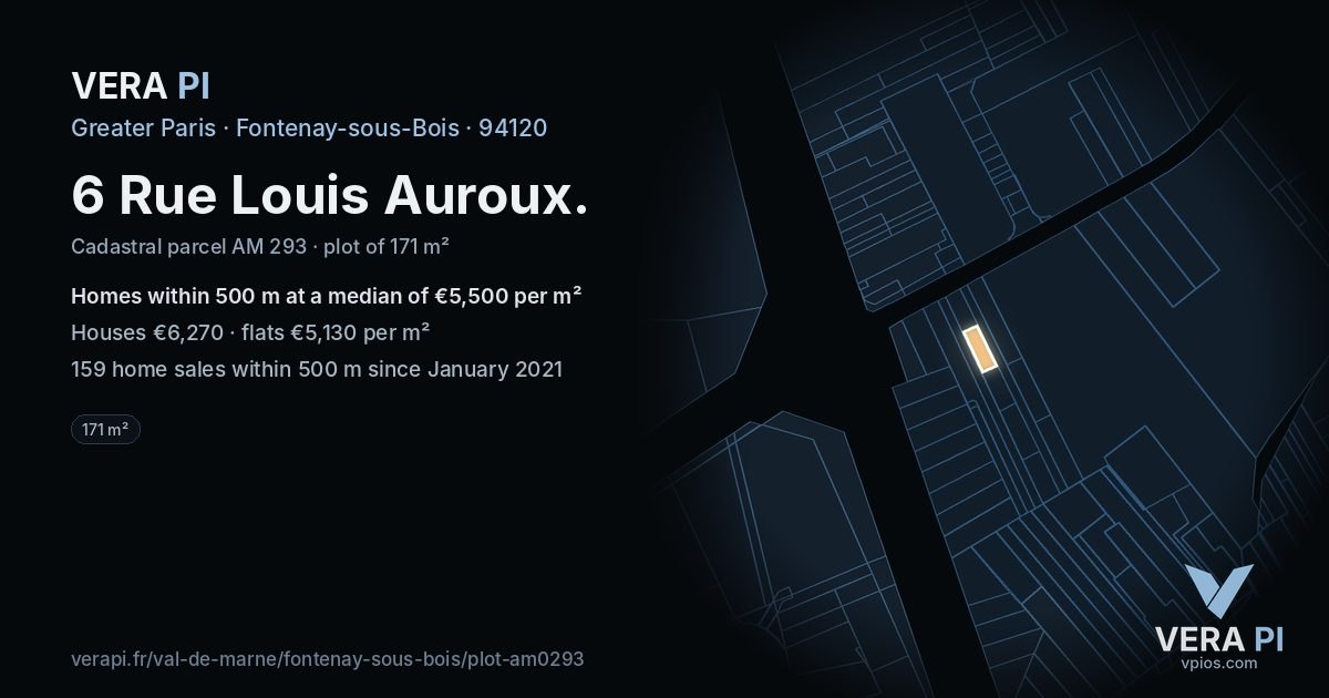 6 Rue Louis Auroux, Fontenay-sous-Bois at night – the plot lit, the parcels around coloured by the prices near them