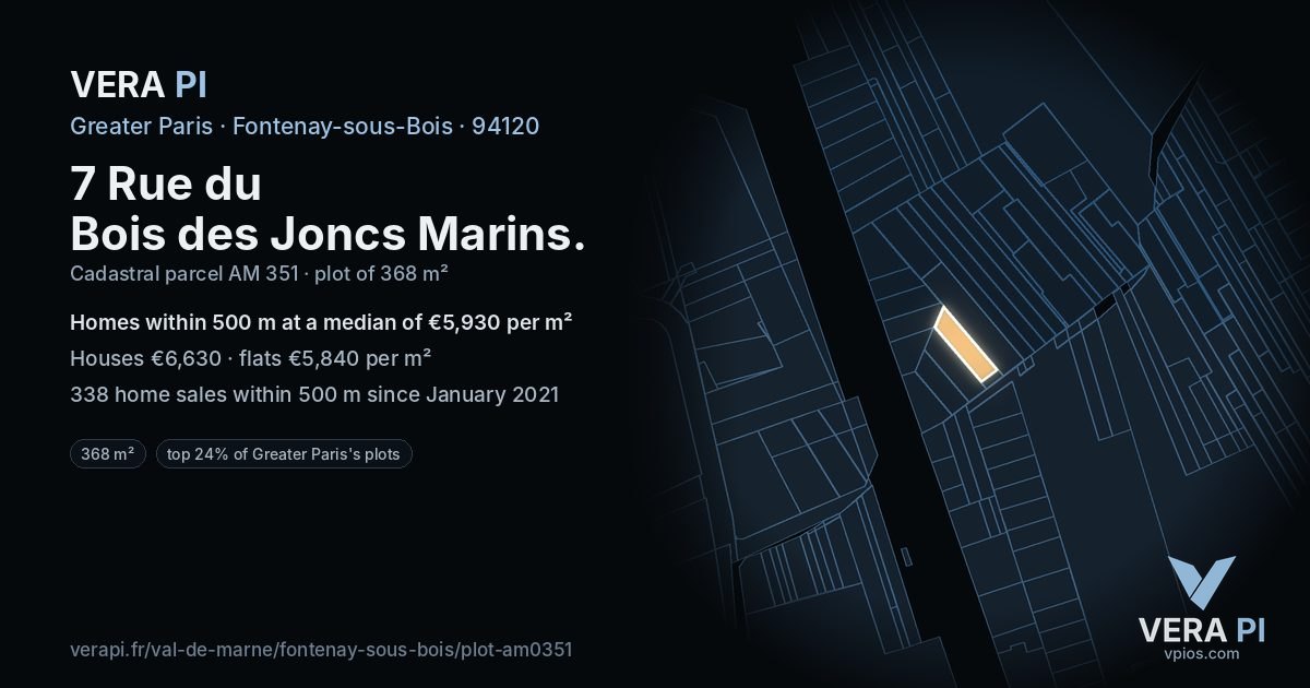 7 Rue du Bois des Joncs Marins, Fontenay-sous-Bois at night – the plot lit, the parcels around coloured by the prices near them