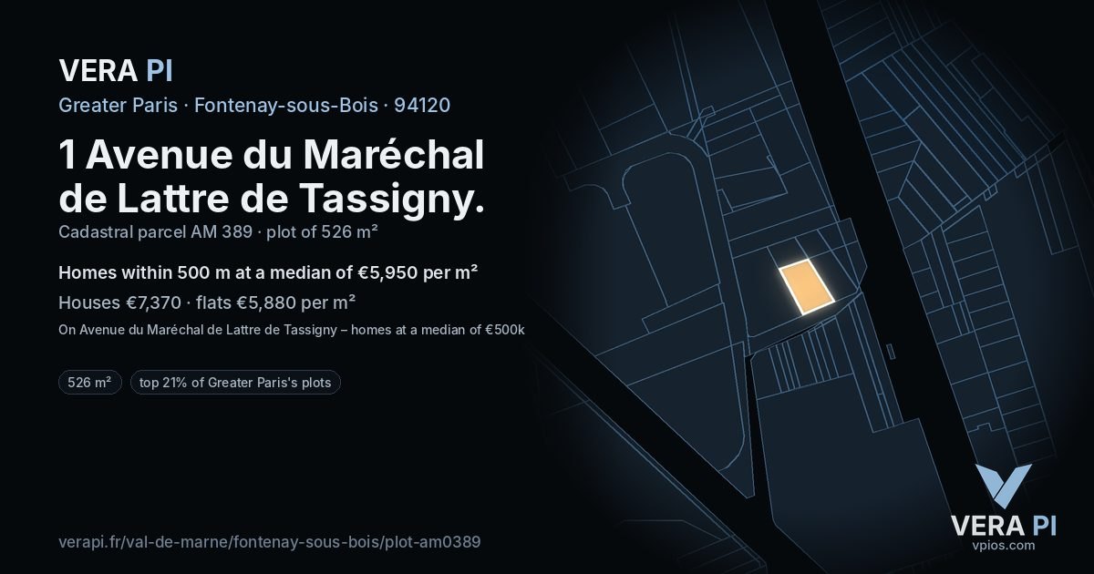 1 Avenue du Maréchal de Lattre de Tassigny, Fontenay-sous-Bois at night – the plot lit, the parcels around coloured by the prices near them