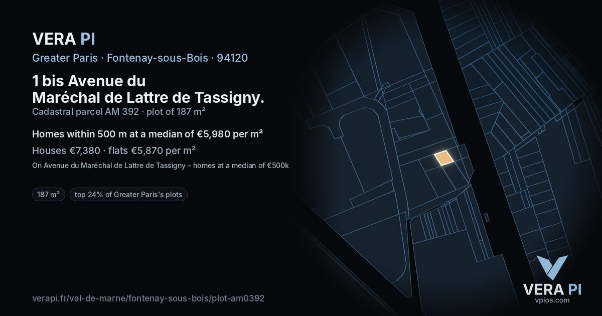 1 bis Avenue du Maréchal de Lattre de Tassigny, Fontenay-sous-Bois at night – the plot lit, the parcels around coloured by the prices near them