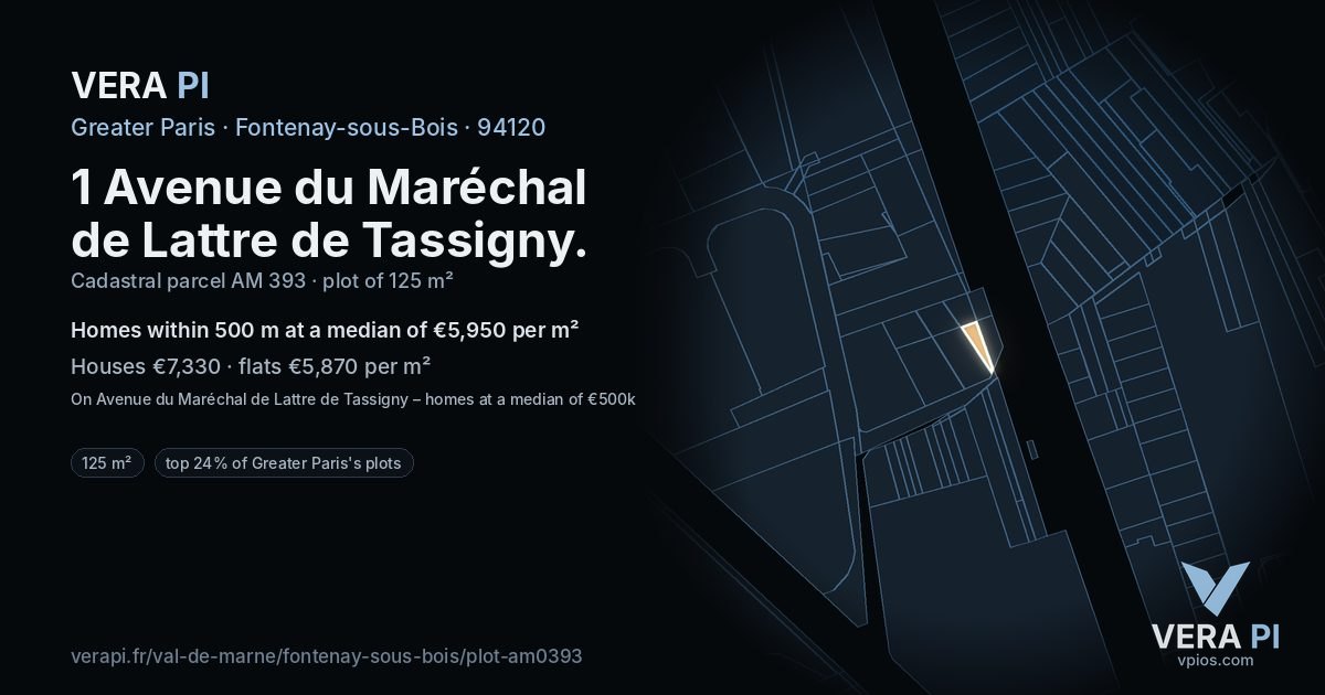 1 Avenue du Maréchal de Lattre de Tassigny, Fontenay-sous-Bois at night – the plot lit, the parcels around coloured by the prices near them