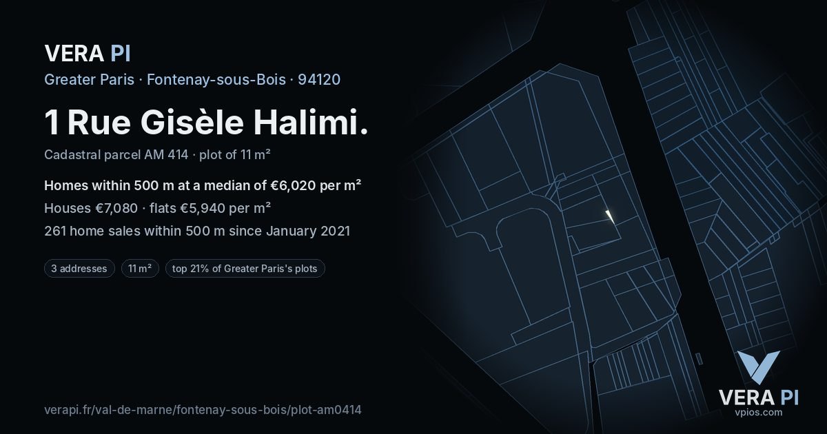 1 Rue Gisèle Halimi, Fontenay-sous-Bois at night – the plot lit, the parcels around coloured by the prices near them