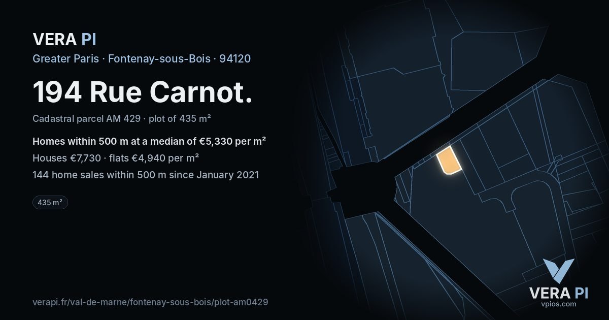 194 Rue Carnot, Fontenay-sous-Bois at night – the plot lit, the parcels around coloured by the prices near them