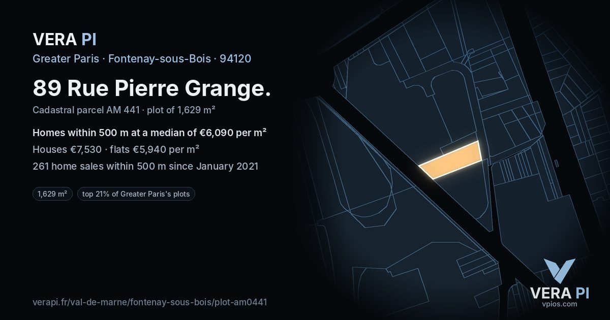 89 Rue Pierre Grange, Fontenay-sous-Bois at night – the plot lit, the parcels around coloured by the prices near them