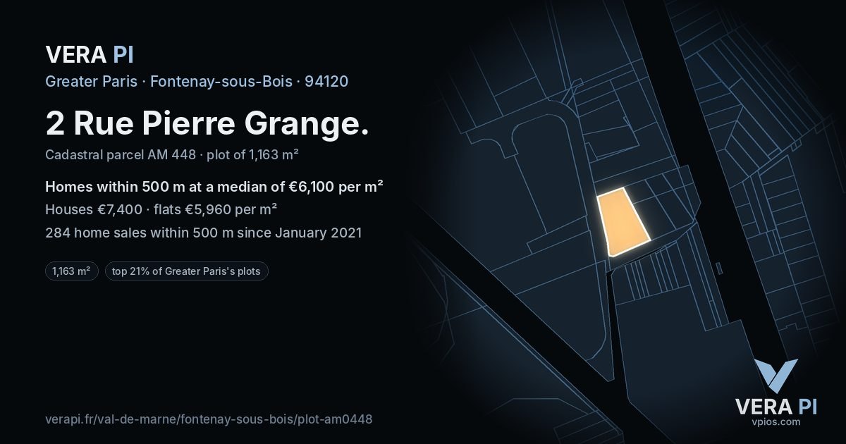 2 Rue Pierre Grange, Fontenay-sous-Bois at night – the plot lit, the parcels around coloured by the prices near them