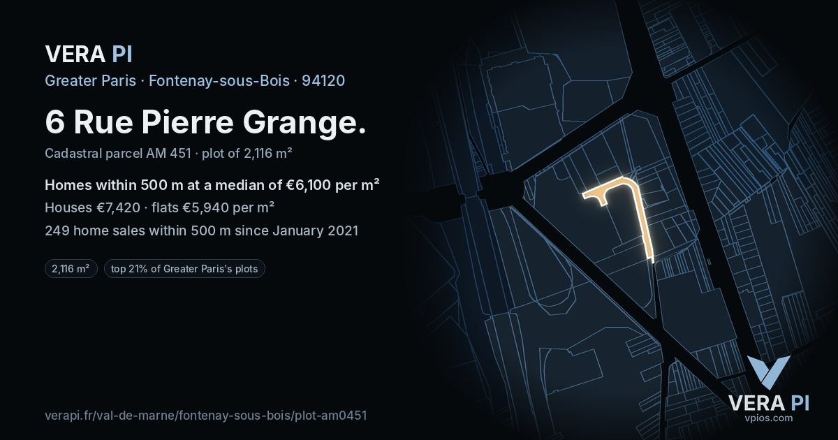 6 Rue Pierre Grange, Fontenay-sous-Bois at night – the plot lit, the parcels around coloured by the prices near them