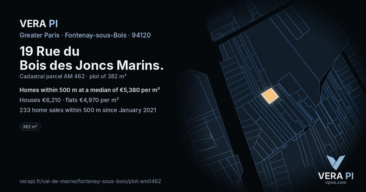 19 Rue du Bois des Joncs Marins, Fontenay-sous-Bois at night – the plot lit, the parcels around coloured by the prices near them