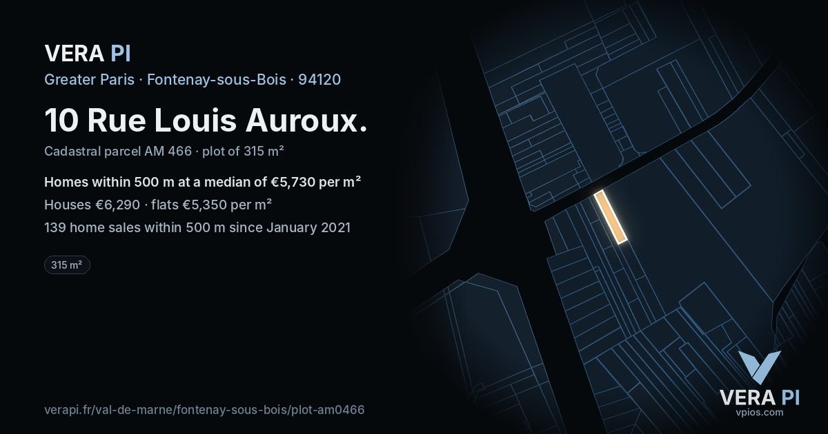 10 Rue Louis Auroux, Fontenay-sous-Bois at night – the plot lit, the parcels around coloured by the prices near them