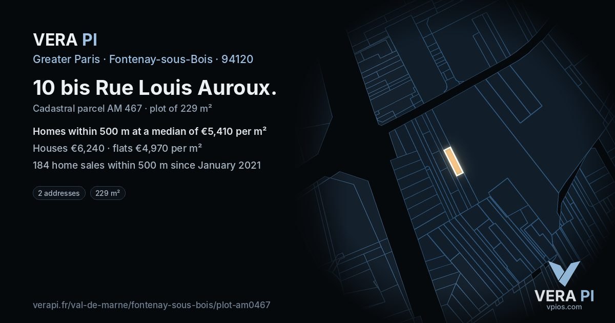 10 bis Rue Louis Auroux, Fontenay-sous-Bois at night – the plot lit, the parcels around coloured by the prices near them