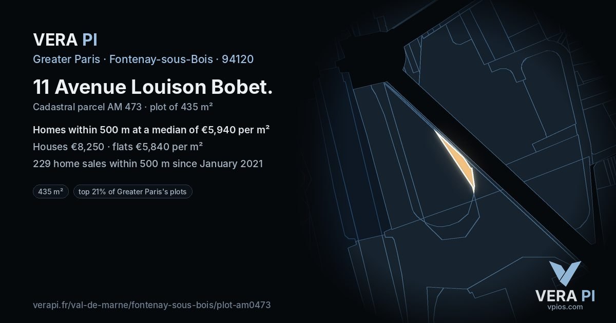 11 Avenue Louison Bobet, Fontenay-sous-Bois at night – the plot lit, the parcels around coloured by the prices near them