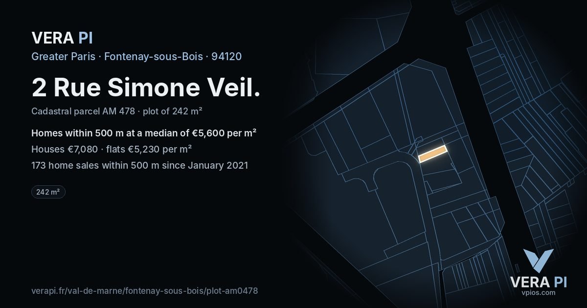 2 Rue Simone Veil, Fontenay-sous-Bois at night – the plot lit, the parcels around coloured by the prices near them