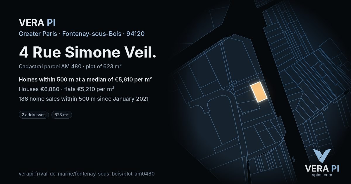 4 Rue Simone Veil, Fontenay-sous-Bois at night – the plot lit, the parcels around coloured by the prices near them