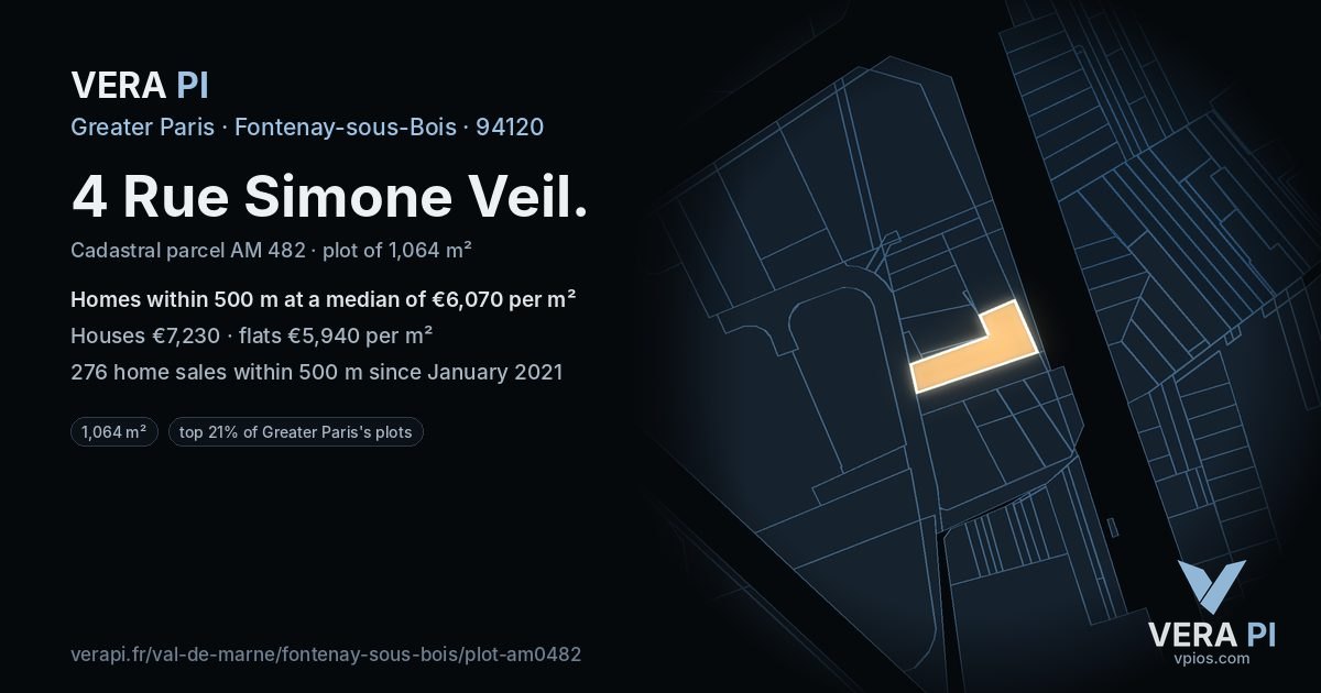 4 Rue Simone Veil, Fontenay-sous-Bois at night – the plot lit, the parcels around coloured by the prices near them